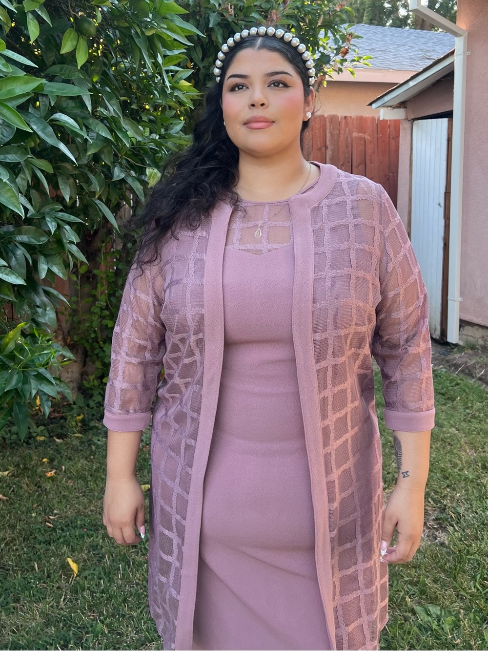 Dusty Rose Two-Piece Dress & Sheer Jacket Set - Picture 2 of 6